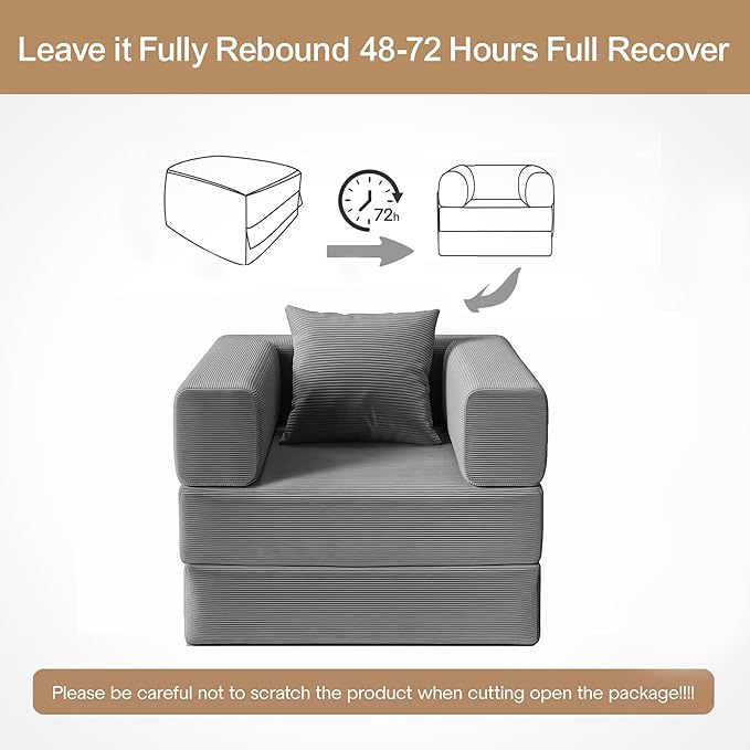 2-in-1 Floor Foldable Sofa Couch Convertible Sleeper Chaise Lounge Chair Indoor Portable Fold Out Futon Mattress with Back Support for Living RoomBedroom (Gray 35.43 Single Sofa)