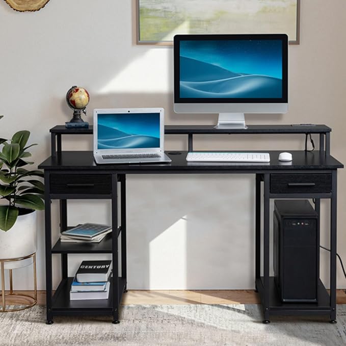 Black Modern Home Office Desk Rustic Computer Desk with Storage Cabinet Wood Home Office Desk with 2 Power Sockets and 2 USB Power Interfa