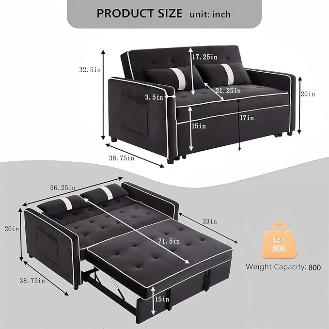Loveseat Sleeper Sofa 3 in 1 Convertible Sofa Bed Adjustable Backrest Comfy Pull Out Couch Modern Upholstered Sofa for Living Room Bedroom Apartment Small Space (Black 1)