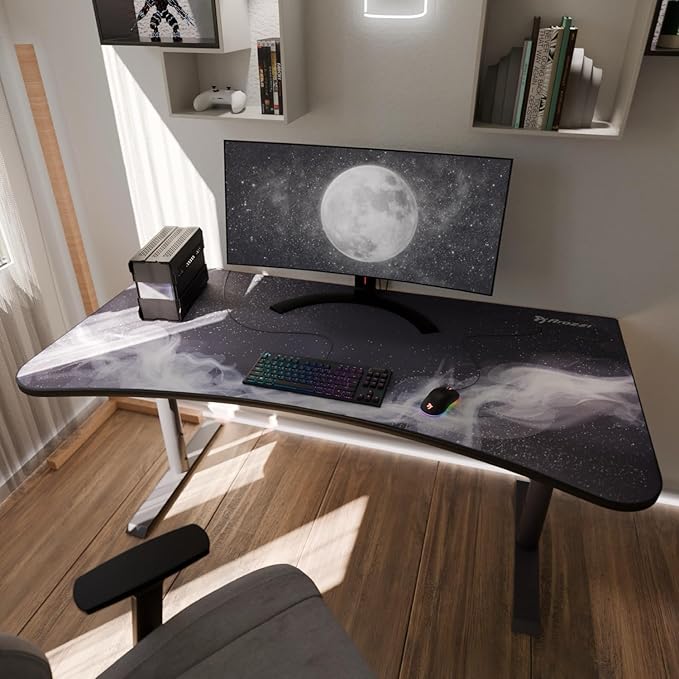 Arozzi Arena Special Edition Ultrawide Curved Gaming and Office Desk with Full Surface Water Resistant Desk Mat Custom Monitor Mount Cable Management Cut Outs - Gunmetal Galaxy