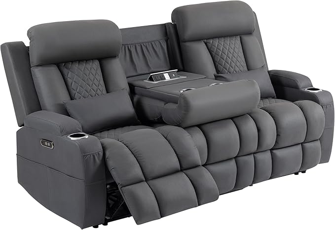 Wall Hugger Power Reclining Sofa with Manual Adjustable Headrests Electric Recliner Couch with Drop-Down Table Power Recliner Sofa 3-Seater with Charging Ports for Living Room (Grey)