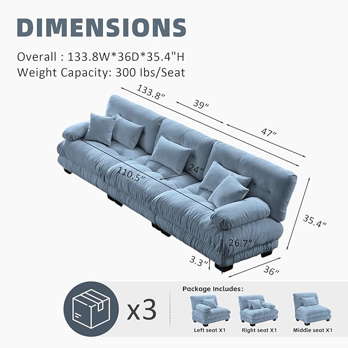 133.8 Oversized Modular Sectional Sofa 3-Seater Loveseat Cloud Couch with Pillows and Overthick Cushion for Living Room Home Theater ApartmentChenilleLight Blue