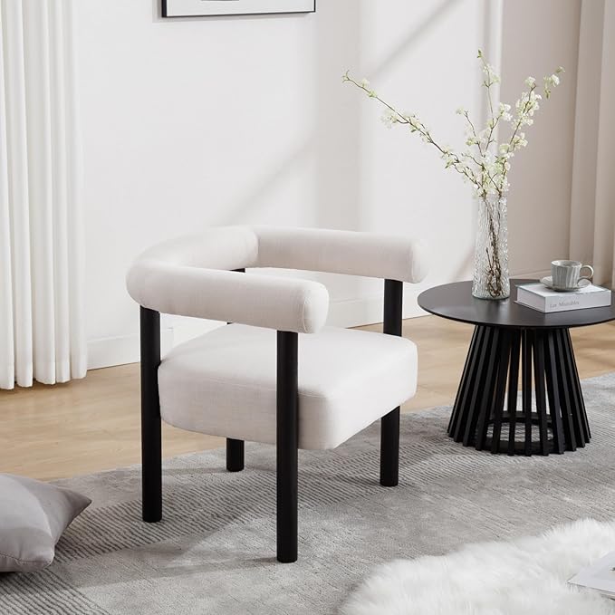 Wahson Modern Accent Chair with Black Wooden Legs Linen Upholstered Barrel Chair with Curved Backrest Small Reading Chair for Living Room/Bedroom/Office Beige