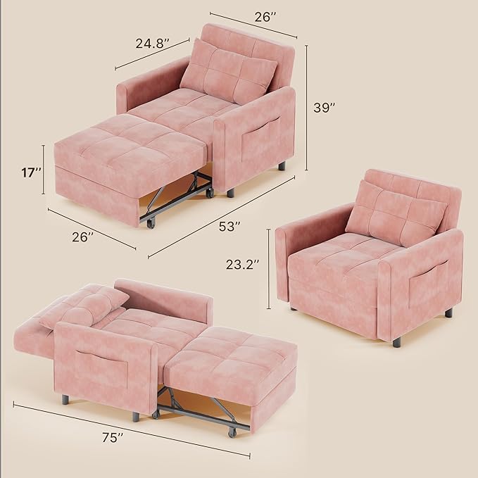 Gizoon Sofa Bed Chair 3 in 1 Convertible Pullout Single Sleeper Chair Bed with Adjustable Backrest Spacious Multifunctional Sofa Couches for Living Room Bedroom Apartment