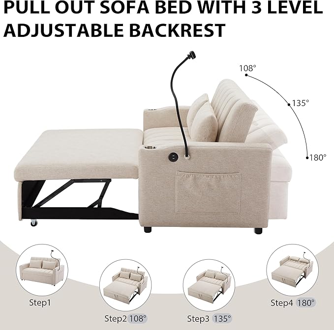 Pull Out Sofa Bed 55.9 Convertible Sofa Bed with 360°Swivel Phone Holderm Two Side Pockets Two Cup Holders 3 Level Adjustable Backrest Bella Fabric Loveseat Sofa (Beige * Loveseat90)