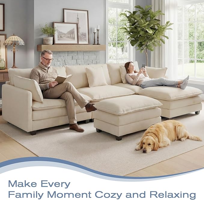 113.4 U-Shaped Modular Sectional Sofa with Ottoman Comfy Cloud Couch with Deep Seat (23.6 D) Solid Wood FrameBeige/Gray/Blue/Black for Living Room Small Apartment (Beige 3 Seat)