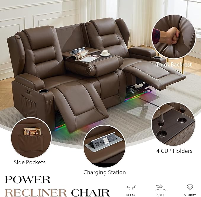 3-Seater Power Recliner Sofa Couch Flip Middle Backrest Reclining Sofa Chair for Living Room with Charging Station/Cup Holders/LED Ambient Light