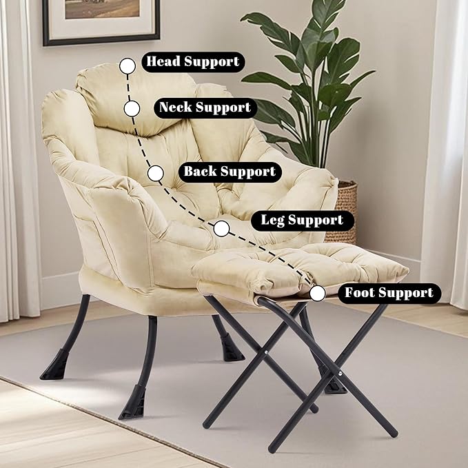 Lazy Chair with Ottoman Comfy Accent Lounge Chair with Side Pocket Modern Reading Armchair with Footrest Upholstered Sofa Chair for Small Spaces Bedroom Living Room Dorm Khaki