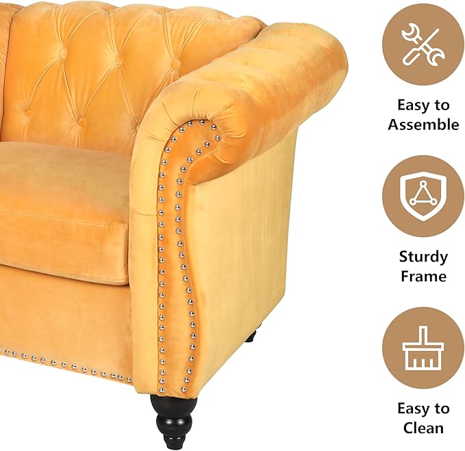 AVZEAR Chesterfield Loveseat Modern Velvet Sofa Tufted Couch 2 Seater with Scroll Arms and Nailhead for Living Room Bedroom Office Apartment Yellow