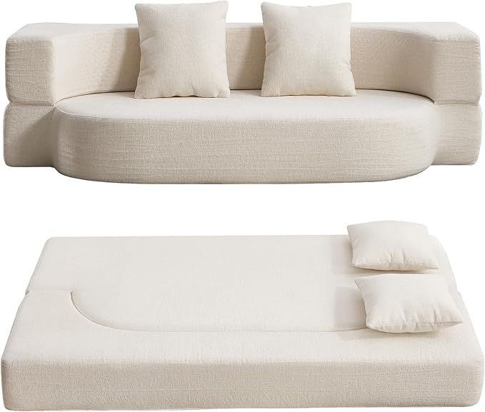 Folding Sofa Bed Convertible Futon Sleeper Bed 2-in-1 Foldable Floor Mattress with 2 Pillows Breathable High-Density Foam Lazy Couch Comfy Lounge Chair Twin Size Beige