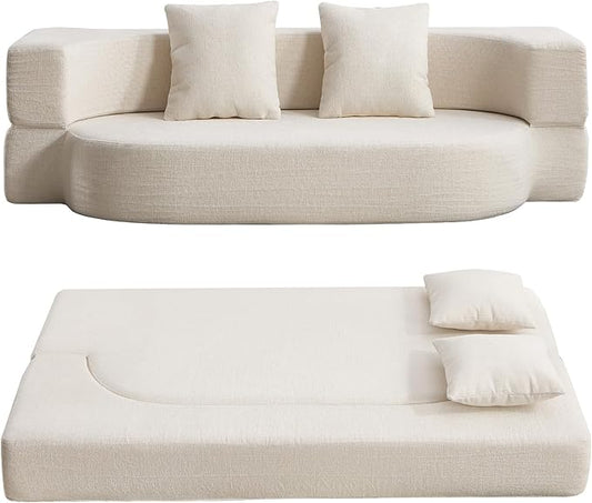 Folding Sofa Bed Convertible Futon Sleeper Bed 2-in-1 Foldable Floor Mattress with 2 Pillows Breathable High-Density Foam Lazy Couch Comfy Lounge Chair Twin Size Beige