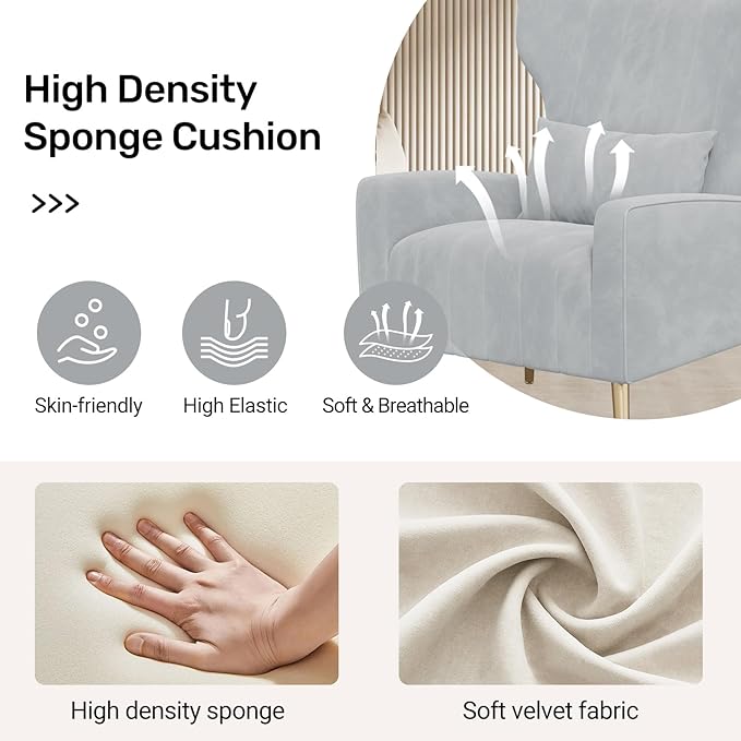 Velvet Accent Chair Wingback for Living Room High Back Arm Chair with Golden Legs Lumbar Pillow Upholstered Single Sofa Bedroom Light Grey