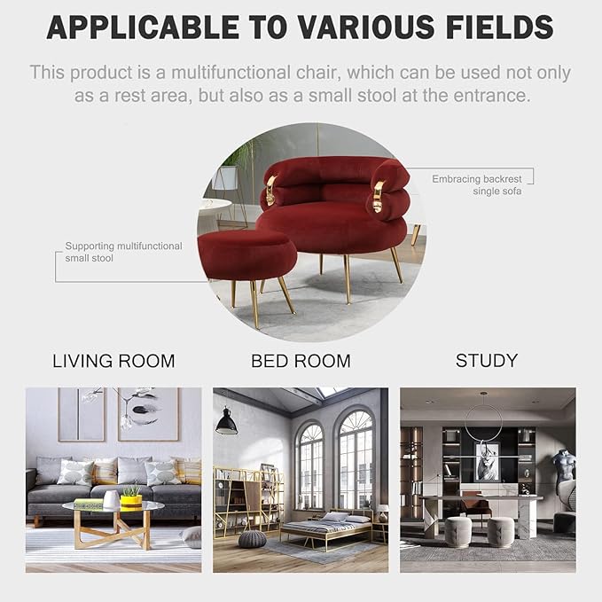 Single Sofa Chair Velvet Accent Chair with Ottoman Round Sofa Chair Modern Barrel Chair with Gold Buckle and Leg for Living Room Bedroom Waiting Room Small Spaces (Red)