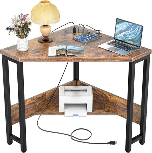 Armocity Corner Small Desk with Outlets Corner Table for Small Space Industrial Computer Desk with USB Ports Triangle Desk with Storage for Home Office Workstation Living Room Bedroom Rustic
