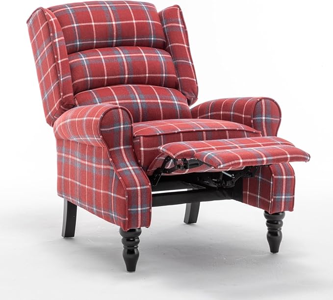 Upholstered Wingback Recliner Chair Plaid Recliner Chair Armchair Adjustable Footrest Push Back Reclining Sofa Mid-Century Modern Lounge Armchair for Living Room Bedroom Reading - Red