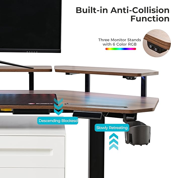EUREKA ERGONOMIC Standing Gaming Desk with Dual Motor63 Wing Shaped Computer Desk w Mouse Pad Electric Adjustable Height Table w LED Monitor StandsSlot DesignWalnut