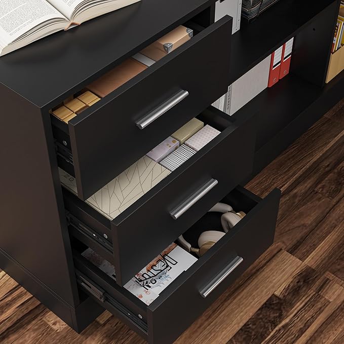 Homsee Home Office L Shaped Electric Standing Desk with Drawers and Shelves Height Adjustable &amp Shape Reversible Stand up Desk 63 Computer Executive Corner Table Black