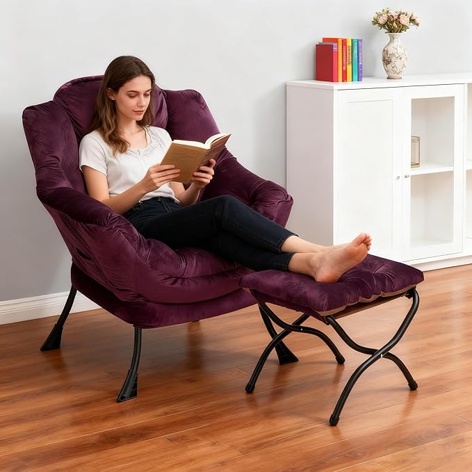 HollyHOME Lazy Chair with Foldable Ottoman Accent Comfy Lounge Armchair and Folding Footrest Stool Leisure Sofa Reading Chair and Footstool for Living Room Bedroom DormVelvet Purple