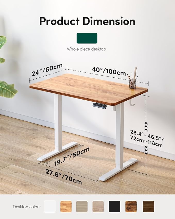 CubiCubi 40 x 24 Small One-Piece Standing Desk Adjustable Height Electric Computer Home Office Sit Stand up Workstation with 4 Memory Presets Headphone Hook Light Rustic