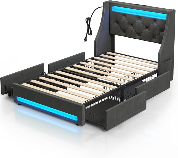 Rolanstar Twin Bed Frame with LED Lights and Charging Station Upholstered Bed with Drawers Wooden Slats Noise Free Easy Assembly Dark Gray