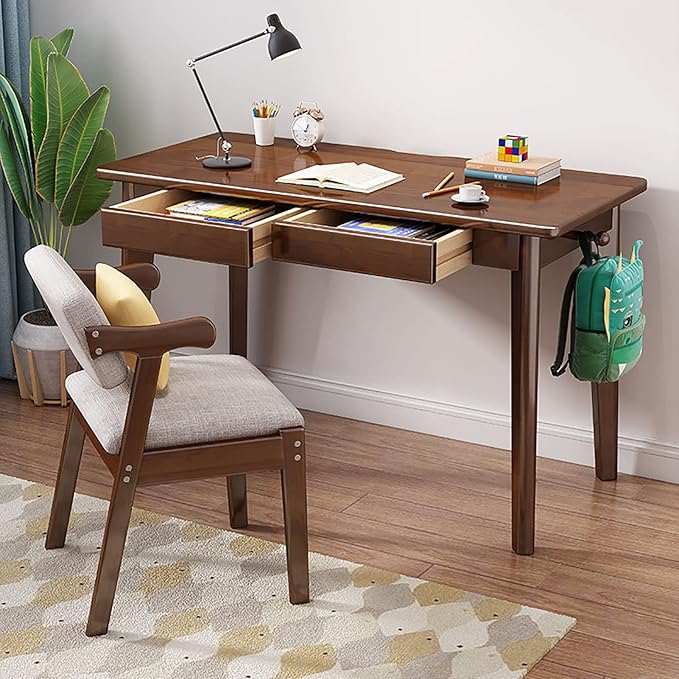 Solid Wood Writing Desk with DrawersMid-Century Modern Computer Desk Work Study TableSimple Home Office Desk Workstation with Hook for Small Spaces(80x50x75cm(31x20x30inch) Walnut) 1762093