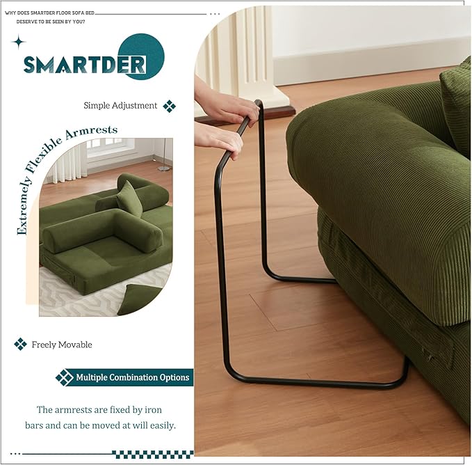 Convertible Folding Sofa Bed Modular Floor Sofa with Removable Backrest 3-Seater Fold Out Couch Bed with Pillows King Size Futon Lazy Couch Corduroy Sleeper for Living Room Dorm Green