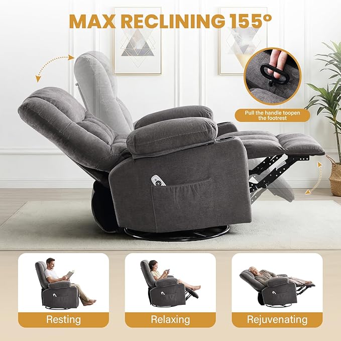 Swivel Recliner Chair for Adults with Vibration Massage and Lumbar Heat Ergonomic Rocking Chair for Living Room and Bedroom Featuring Side Pocket 2 Cup Holders &amp USB Charge Port