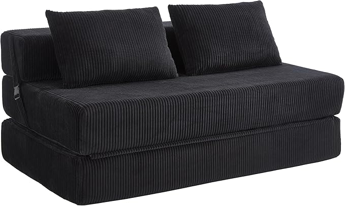KIVENJAJA Folding Sofa Bed Full Size 3-in-1 Convertible Sleeper Sofa Corduroy Foldable Boneless Floor Futon Couch with Backrest &amp Pillows for Home Living Room Office Apartment Small Spaces Blac