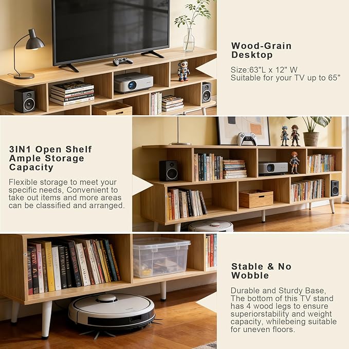 Lightdot 65 Inch TV Stand up to 75 Inch TVs Large Storage for Collection with 8 Open Shelves Sturdy Media Console Table for Living Room/Entrance/Kitchen/Sofa Cabinet Easy Assembly Walnut