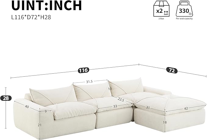 116'' Oversized Modular Sofa Fully Compressed 4 Seat Spacious Foam-Filled Sofa Bed for Living Room Free Combination Friendly Design L-Shaped Comfy Couches No Assembly Required (White-QJ88)