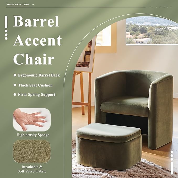 COLAMY Upholstered Velvet Barrel Accent Chair with Storage Ottoman Set of 2 Morden Living Room Side Chair Single Sofa Armchair with Lounge Seat for Bedroom/Office/Reading Spaces Green