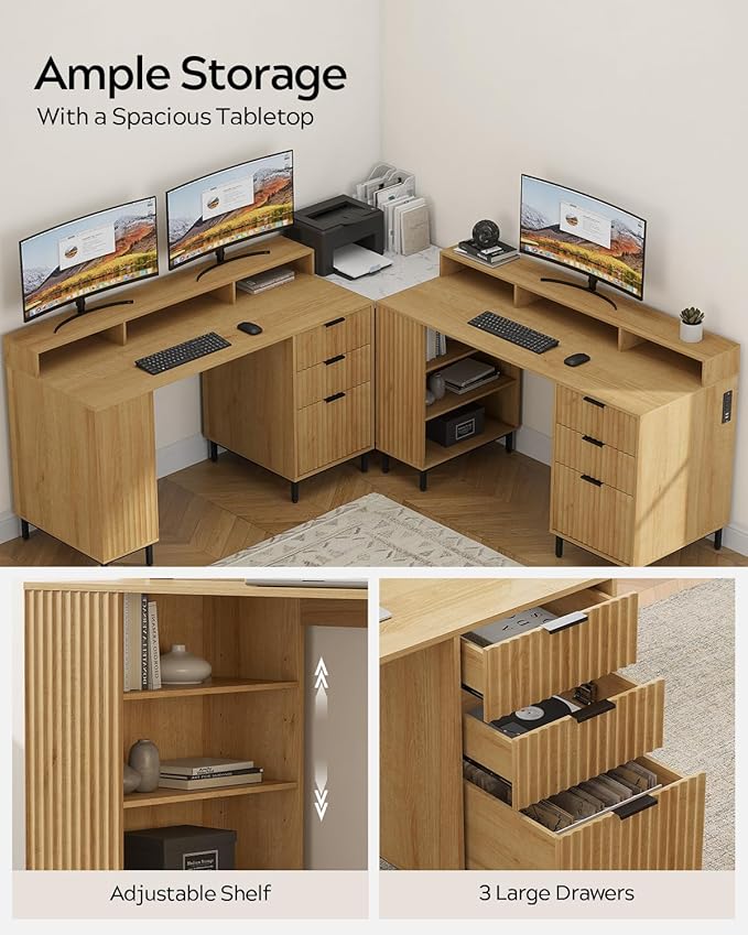 Fluted Executive Desk with Charging Station 55 Modern Wood Office Desk with Monitor Stand &amp File Drawer Home Writing Study Computer Table for Work Study Natural Oak