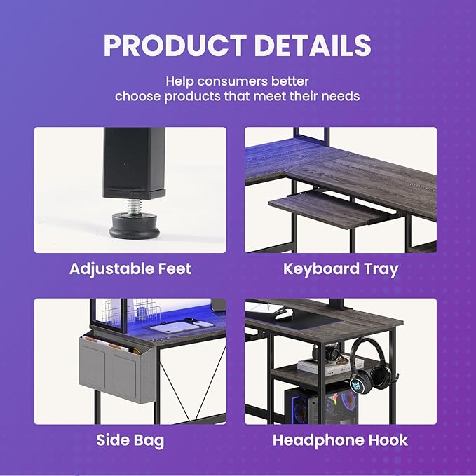 DUMOS L Shaped Gaming Desk 67” Reversible Computer Desks with Led Lights Corner Table with Keyboard Tray Side Bag Storage Shelf Metal Frame Wood Writing for Home Office Bedroom Grey
