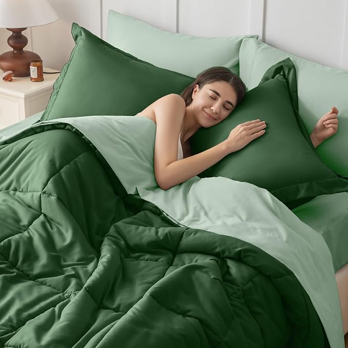 JOLLYVOGUE California King Comforter Set Ultra-Soft Bed in a Bag 7 Pieces Oeko-TEX Certified Bedding Set with Down Alternative Comforter Sheets Pillowcases &amp Shams Dark Green &amp Light Gree