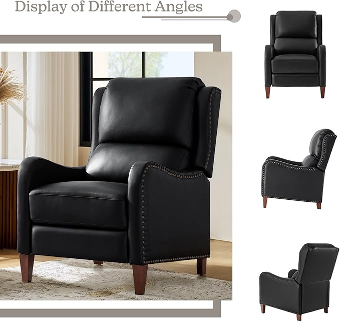 HULALA HOME Genuine Leather Recliner Chair Modern Push Back Recliner Armchair with Thick Seat Backrest &amp Footrest Nailhead Decor for Living Room Bedroom Black