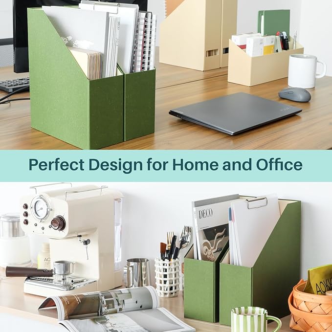 Magazine Holder - File Holder and Desk Organizer Cardboard Book Organizer and Storage Box for Documents Magazine Holder Rack for Office Home and Classroom (Leaf Green 6-Pack)