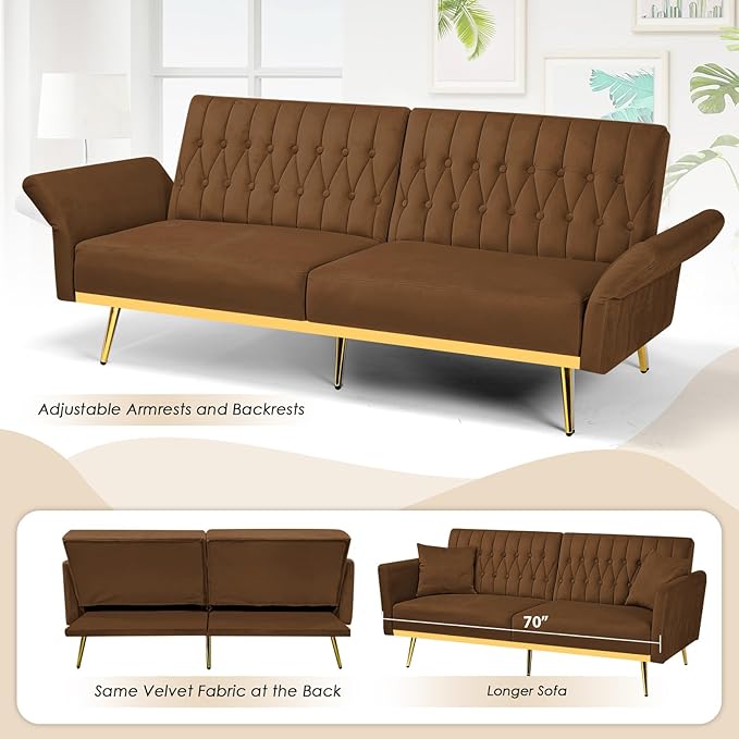 70 Velvet Futon with Adjustable Backrest and Armrests Sofa Bed with Extra Pillows for Waiting Room Living Room and Office Brown