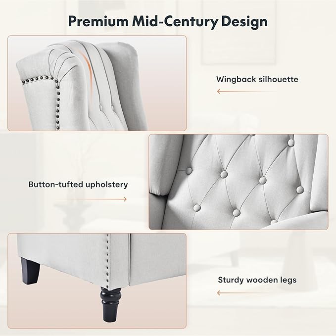 Softa Recliner Chair for Adults Mid Century Wingback Pushback Accent Chair with Rivet Decoration Tufted Upholstered Single Sofa Armchair for Living Room Bedroom Study (Fabric White)