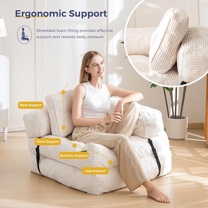 MAXYOYO Folding Sofa Bed L-Shaped Convertible Sofa Foldable Sleeper Couch with Pillow Portable Fold Out Chair Bed with Armrest Comfy Floor Lounge for Living Room Bedroom Beige