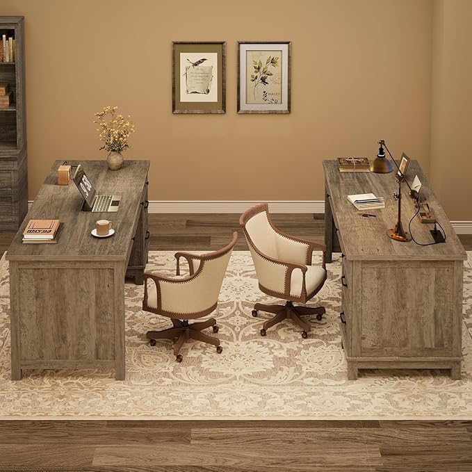 Farmhouse Home Office Desk with Power Outlets &amp USB Ports 53.5 Inch Writing Desk with Adjustable File Cabinet and Storage Drawers Executive Computer Desk for Study Workspace