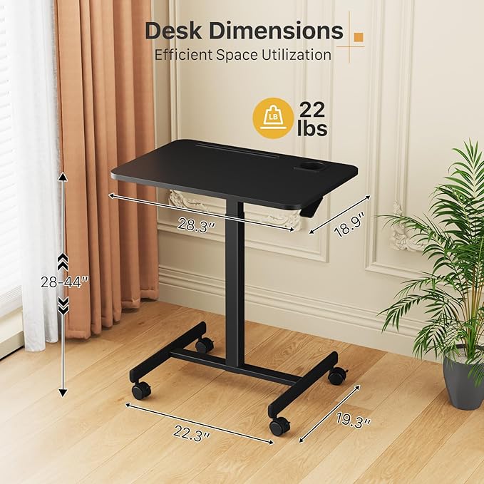 Mobile Standing Desk Rolling Laptop Cart Adjustable Height with Cup Holder 28 inch Portable Table with 4 Lockable Wheels Black Computer Workstation with Hook and Slots for Home Office