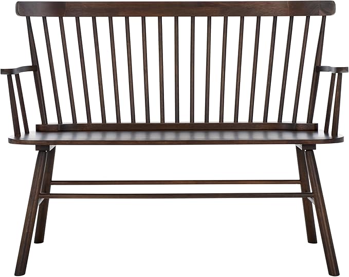 SAFAVIEH Home Collection Addison Farmhouse Dark Walnut Solid Wood Windsor Spindle Loveseat Bench