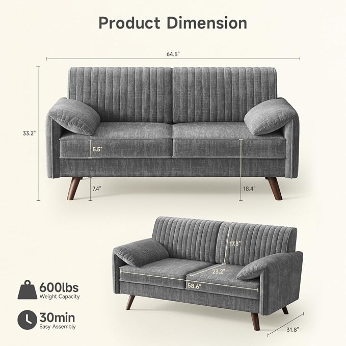 ONBRILL 64.5 Loveseat Sofa Chenille Loveseat Couch for Living Room 23.2 Deep Seat Love Seat with Padded Arms Comfy Modern Small Couches for Bedroom Small Spaces Dorms Office Grey