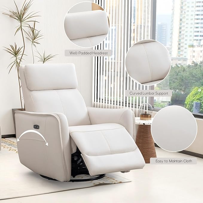 Bonzy Home Power Swivel Rocker Recliner Chair with USB Port Wide Seat Head &amp Lumbar Support Upholstered Glider Chair for Living Room Nursery Bedroom Cream White