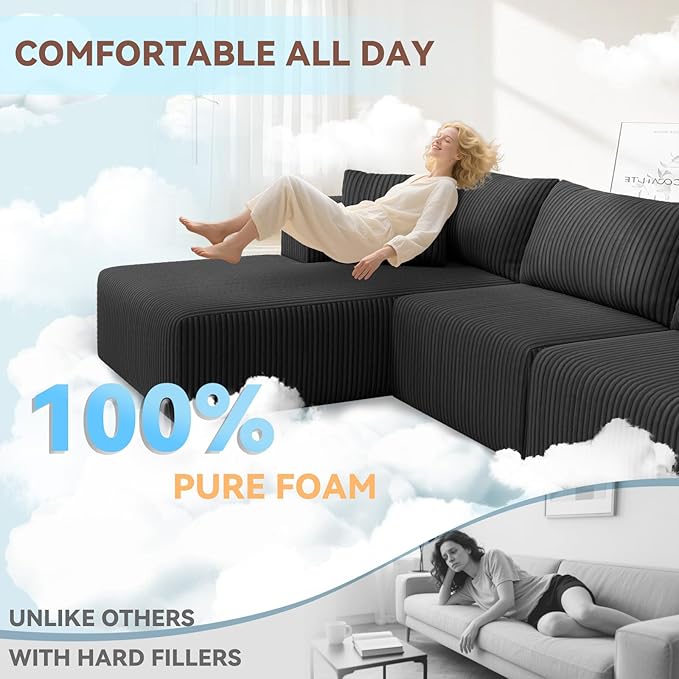 109 Modular Sectional SofaBoneless Couch for Living RoomCloud Sectional Couch with Deep SeatModular L-Shape Sofa with ChaiseNo Assembly RequiredBlack(Plush Corduroy Fabric)