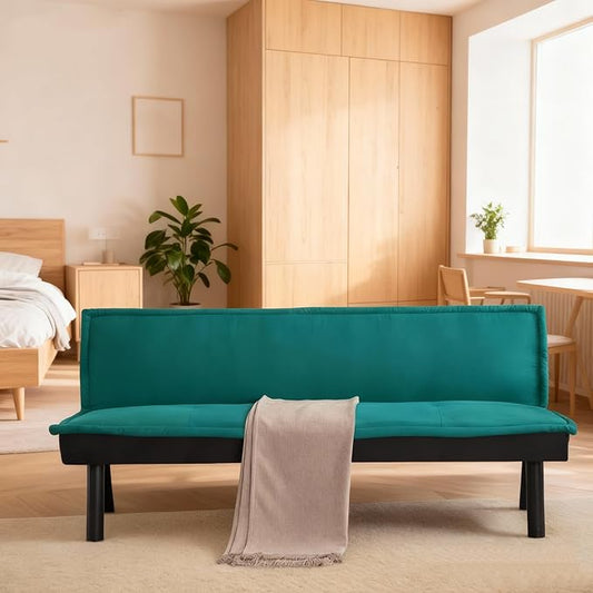 Futon Sofa Bed Couch 64.6 Convertible Sleeper Sofa with 5 Positions Adjustable Backrest Velvet Couch Bed with Solid Wood Frame for Home Office Living Room Guest Dorm Green