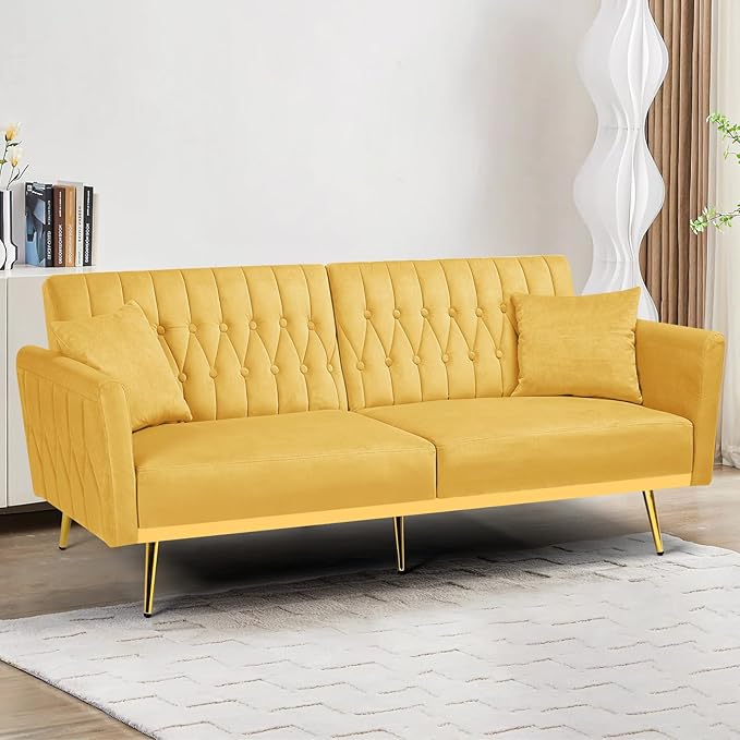 70 Velvet Futon with Adjustable Backrest and Armrests Sofa Bed with Extra Pillows for Waiting Room Living Room and Office Yellow