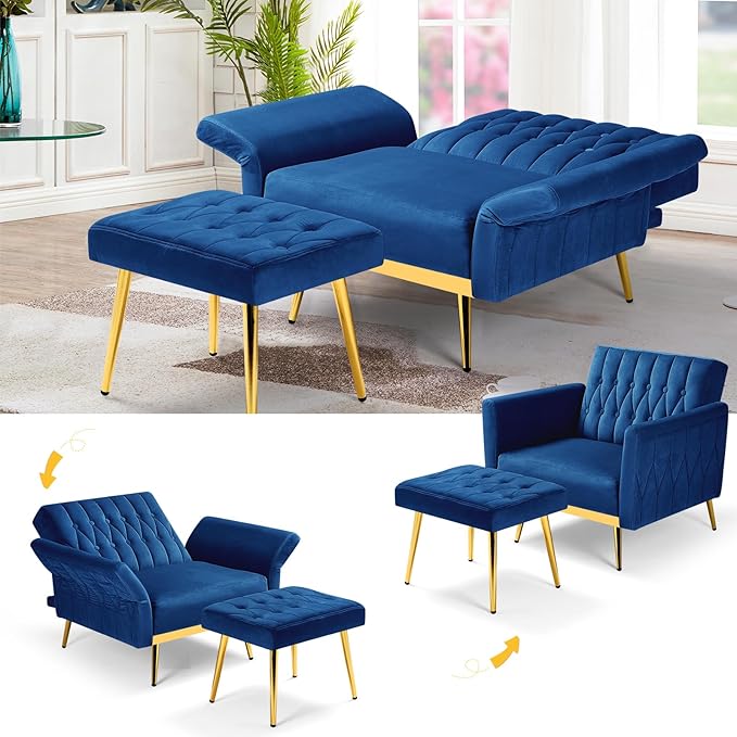 2 Pieces Velvet Futon Sofa Set with Adjustable Backrests and Armrests 70” Convertible Sofa Bed &amp Tufted Accent Chair with Ottoman for Living Room Blue