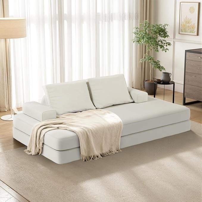 87 Folding Sofa Bed King Size Convertible Sleeper Sofa with Movable Backrest Foldable Futon Floor Couch Bed Chenille Boneless Couches for Living Room(White)