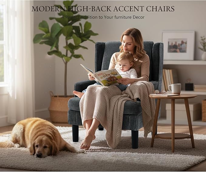 Modern Accent Chair for Living Room Chairs Oversized Reading Chair Accent Chairs for Living Room Sofa Chair with High Back and Wood Legs Upholstered Armchair Comfy Chair for Bedroom(Dark Green)